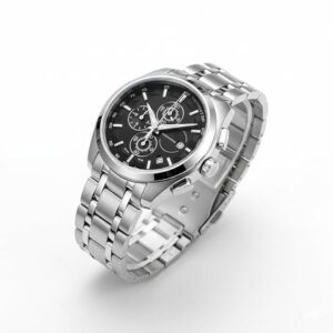 AMERICANVIBER Modern Analog Watch, Silver and Black Two-Tone Stainless Steel Band, Octagonal Case, White Dial for Men