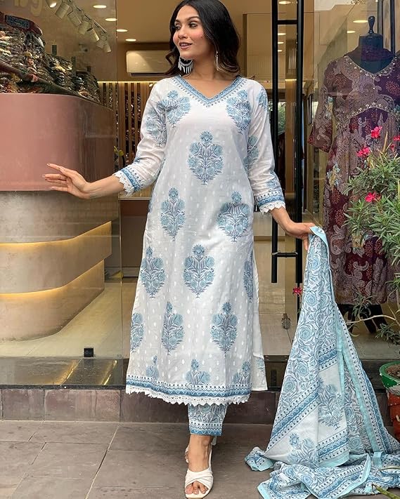 Nermosa Women Cotton Block Printed Kurta Pant With Dupatta - Image 2