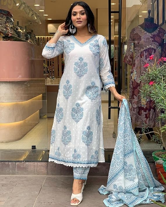 Nermosa Women Cotton Block Printed Kurta Pant With Dupatta - Image 3